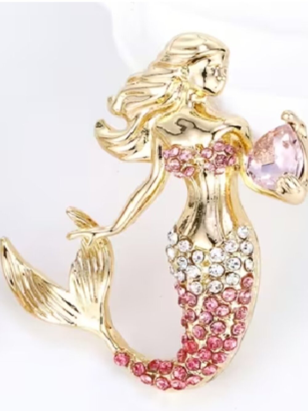 Colorful Goldtoned Vintage Style Pink Mermaid Cubic Zirconia Ocean Theme Brooch